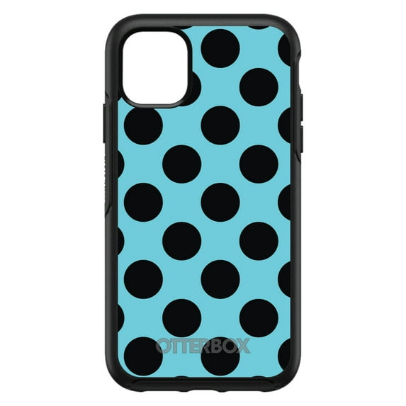 DistinctInk OtterBox Symmetry Custom Case for Apple iPhone 11 (6.1" Screen) - Black & Blue Polka Dots - Tempered Glass Back