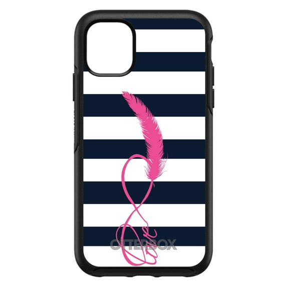 DistinctInk Case for iPhone 11 (6.1" Screen) - OtterBox Symmetry Custom Black Case - Navy White Stripes Pink Love - Chevron Stripes Pattern