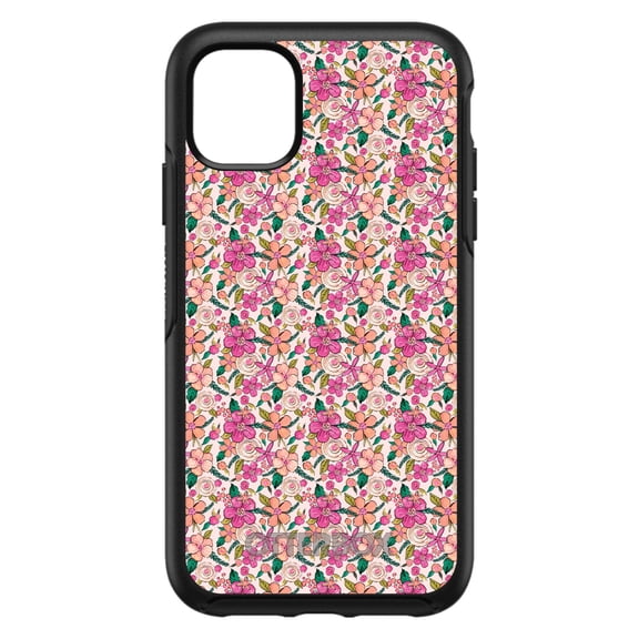 DistinctInk OtterBox Symmetry Custom Case for Apple iPhone 11 (6.1" Screen) - Pink Flowers Floral - Wireless Charging Compatible