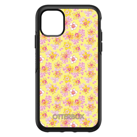 DistinctInk OtterBox Symmetry Custom Case for Apple iPhone 11 (6.1" Screen) - Pink Yellow White Flowers Floral - Slim Profile Design