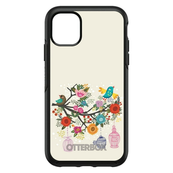 DistinctInk OtterBox Symmetry Custom Case for Apple iPhone 11 (6.1" Screen) - Floral Birds Teal Red - Shockproof Protection