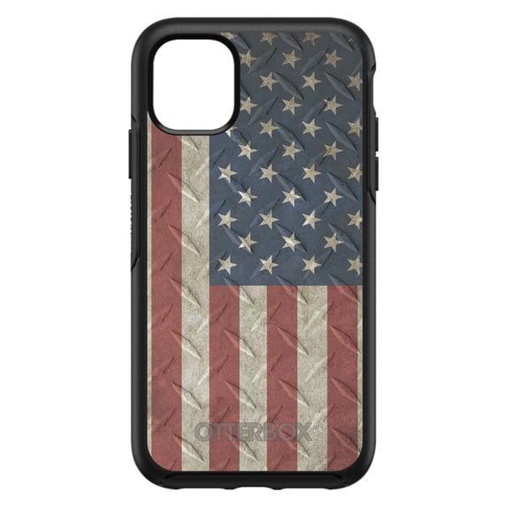 DistinctInk Case for iPhone 11 (6.1" Screen) - OtterBox Symmetry Custom Black Case - US Flag on Diamond Plate Steel Image