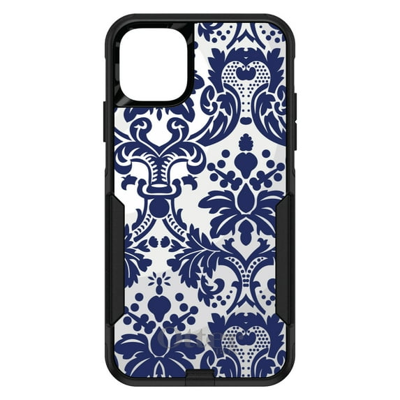 DistinctInk Case for iPhone 11 PRO (6.1" Screen) - OtterBox Commuter Custom Black Case - Blue Grey Damask