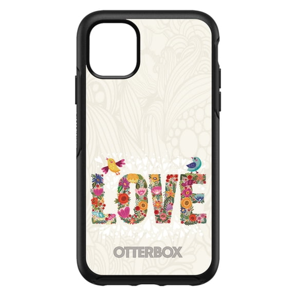 DistinctInk OtterBox Symmetry Custom Case for Apple iPhone 11 Pro (5.8" Screen) - Floral LOVE Birds - Tempered Glass Back