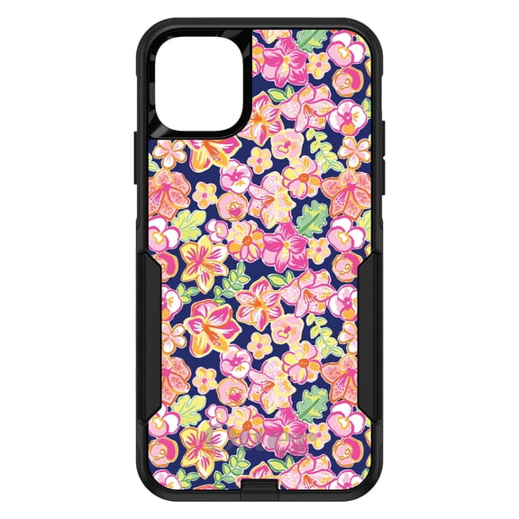 DistinctInk OtterBox Commuter Custom Case for Apple iPhone 11 Pro Max (6.5" Screen) - Pink Green Navy Flowers Floral - Wireless Charging Compatible