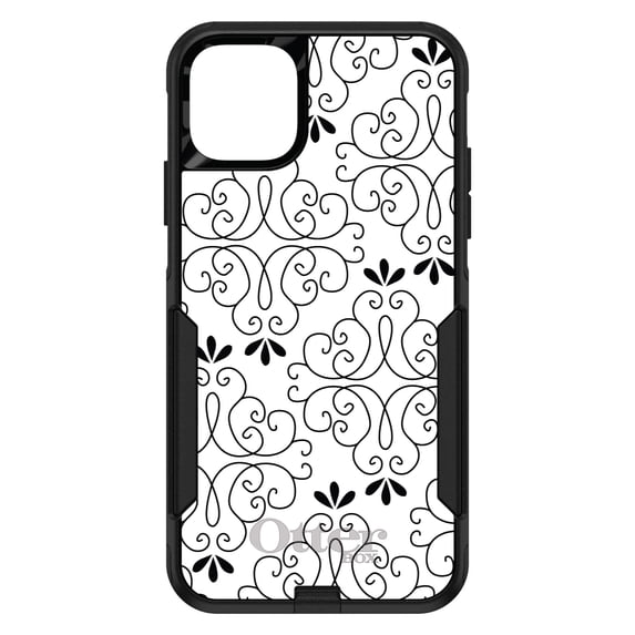 DistinctInk OtterBox Commuter Custom Case for Apple iPhone 12 (6.1" Screen) - Black White Floral Pattern - Tempered Glass Back