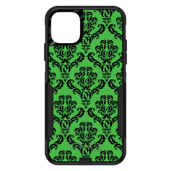 DistinctInk Case for iPhone 12 MINI (5.4" Screen) - OtterBox Commuter Custom Black Case - Green Black Damask Pattern - Floral Damask Pattern