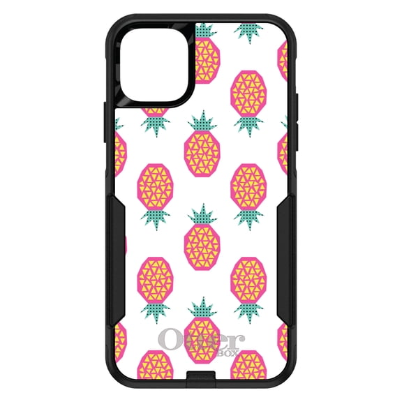 DistinctInk Case for iPhone 12 MINI (5.4" Screen) - OtterBox Commuter Custom Black Case - Summer Graphics - Pineapple Pattern - Pink