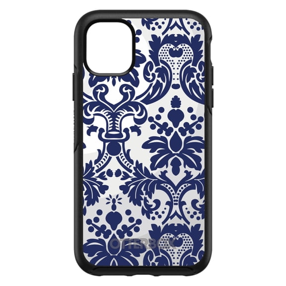 DistinctInk OtterBox Symmetry Custom Case for Apple iPhone 12 Pro Max (6.7" Screen) - Blue Grey Damask - Tempered Glass Back