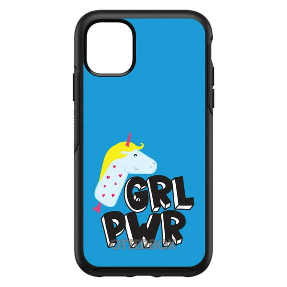 DistinctInk Case for iPhone 12 Pro MAX (6.7" Screen) - OtterBox Symmetry Custom Black Case - Girl Power - GRL PWR - Unicorn Blue Background