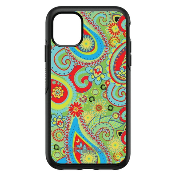 DistinctInk Case for iPhone 13 (6.1" Screen) - OtterBox Symmetry Custom Black Case - Green Red Blue Paisley