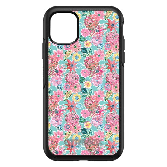 DistinctInk OtterBox Symmetry Custom Case for Apple iPhone 13 (6.1" Screen) - Pink Flowers on Teal Background - Lightweight Grip