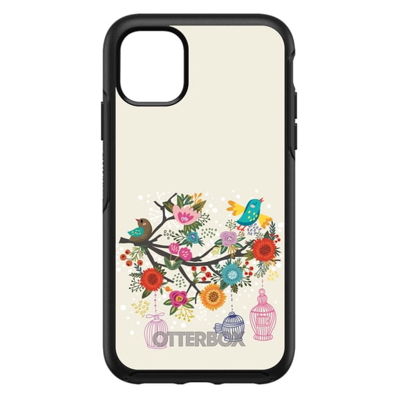 DistinctInk OtterBox Symmetry Custom Case for Apple iPhone 13 (6.1" Screen) - Floral Birds Teal Red - Shockproof Protection