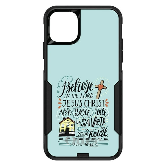 DistinctInk Case for iPhone 13 MINI (5.4" Screen) - OtterBox Commuter Custom Black Case - Acts 16:31 - Believe in the Lord Jesus Christ