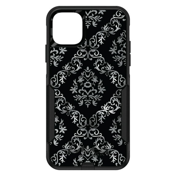 DistinctInk Case for iPhone 13 MINI (5.4" Screen) - OtterBox Commuter Custom Black Case - Black White Silver Grey Damask - Floral Damask Pattern