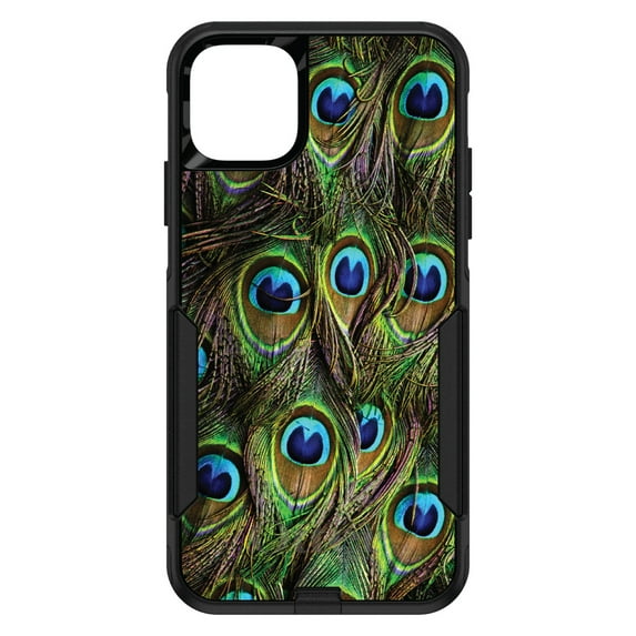 DistinctInk Case for iPhone 14 (6.1" Screen) - OtterBox Commuter Custom Black Case - Peacock Feathers - Animal Print