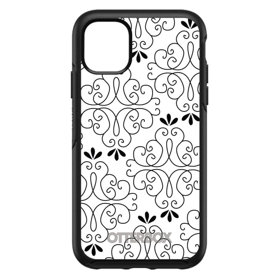 DistinctInk OtterBox Symmetry Custom Case for Apple iPhone 14 (6.1" Screen) - Black White Floral Pattern - Lightweight Grip