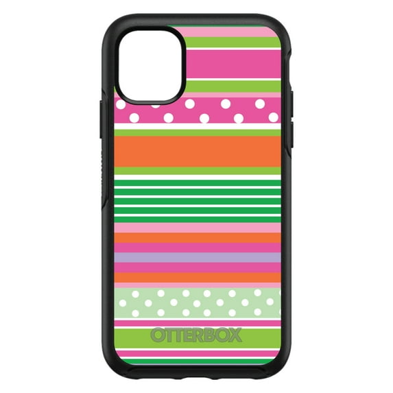 DistinctInk OtterBox Symmetry Custom Case for Apple iPhone 14 (6.1" Screen) - Green Pink White Stripes Polka Dots - Tempered Glass Back