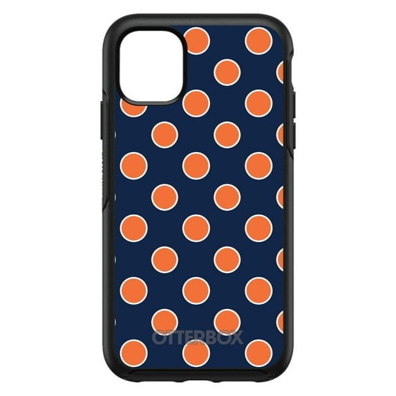 DistinctInk Case for iPhone 14 (6.1" Screen) - OtterBox Symmetry Custom Black Case - Navy Orange White Polka Dots
