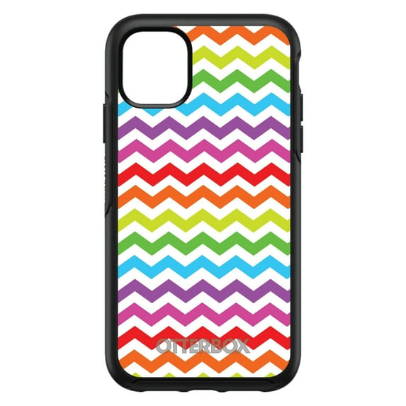 DistinctInk Case for iPhone 14 (6.1" Screen) - OtterBox Symmetry Custom Black Case - Rainbow White Chevron Stripes Wave - Chevron Stripes Pattern