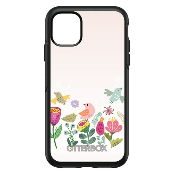 DistinctInk OtterBox Symmetry Custom Case for Apple iPhone 14 (6.1" Screen) - Flowers and Birds - Tempered Glass Back