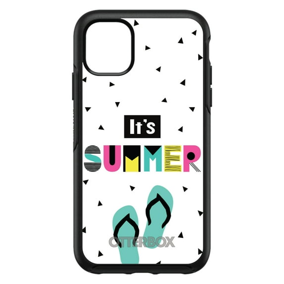 DistinctInk Case for iPhone 14 (6.1" Screen) - OtterBox Symmetry Custom Black Case - Summer Graphics - It's Summer Cartoon Flip Flops