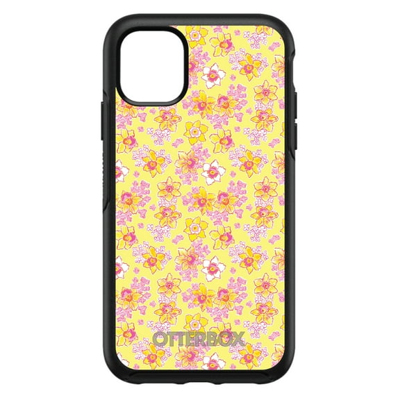 DistinctInk Case for iPhone 14 PLUS (6.7" Screen) - OtterBox Symmetry Custom Black Case - Preppy Pattern - Pink Yellow White Flowers Floral