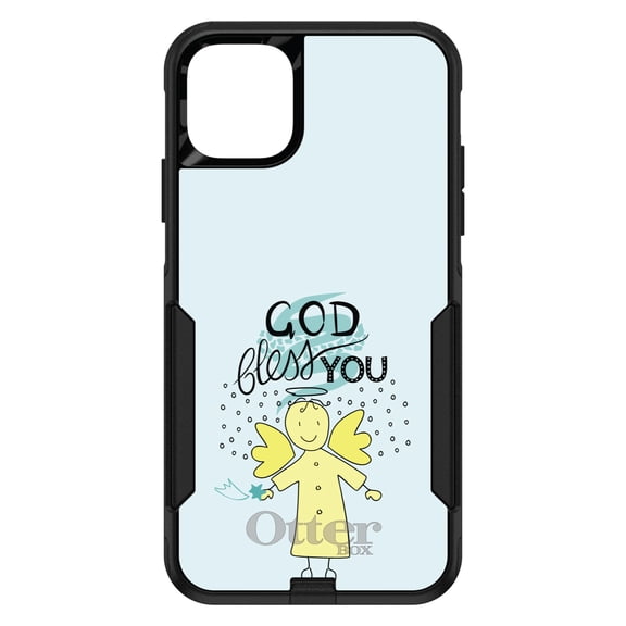DistinctInk Case for iPhone 14 PRO (6.1" Screen) - OtterBox Commuter Custom Black Case - God Bless You - Angel - Yellow Teal