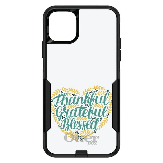 DistinctInk Case for iPhone 14 PRO (6.1" Screen) - OtterBox Commuter Custom Black Case - Thankful / Grateful / Blessed - Heart Flowers