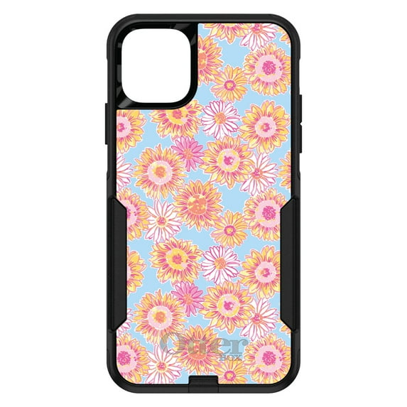 DistinctInk Case for iPhone 15 (6.1" Screen) - OtterBox Commuter Custom Black Case - Preppy Pattern - Blue Pink Yellow Flowers Floral