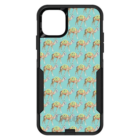 DistinctInk Case for iPhone 15 (6.1" Screen) - OtterBox Commuter Custom Black Case - Preppy Pattern - Camels on Teal Background