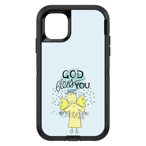 DistinctInk Case for iPhone 15 (6.1" Screen) - OtterBox Defender Custom Black Case - God Bless You - Angel - Yellow Teal