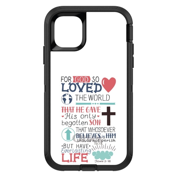 DistinctInk Case for iPhone 15 (6.1" Screen) - OtterBox Defender Custom Black Case - John 3:16 - Pink Teal - For God So Loved The World