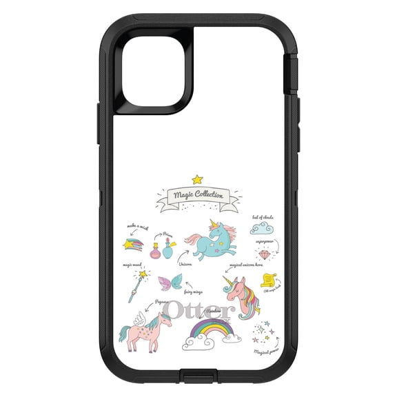DistinctInk OtterBox Defender Custom Case for Apple iPhone 15 (6.1" Screen) - Unicorn, Rainbow - Tempered Glass Back