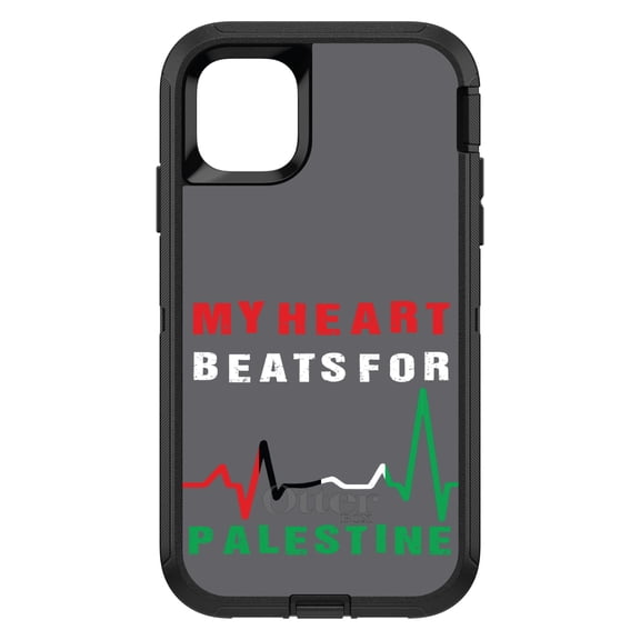 DistinctInk OtterBox Defender Custom Case for Apple iPhone 15 (6.1" Screen) - My Heart Beats for Palestine - Tempered Glass Back