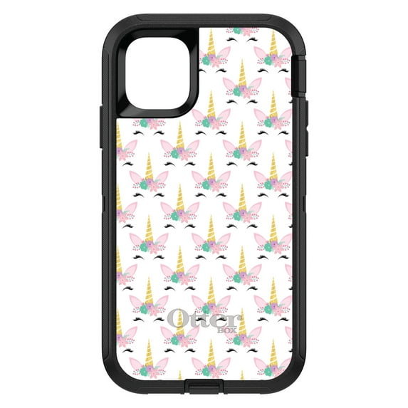 DistinctInk Case for iPhone 15 (6.1" Screen) - OtterBox Defender Custom Black Case - Pastel Unicorn Pattern - White Pink Teal