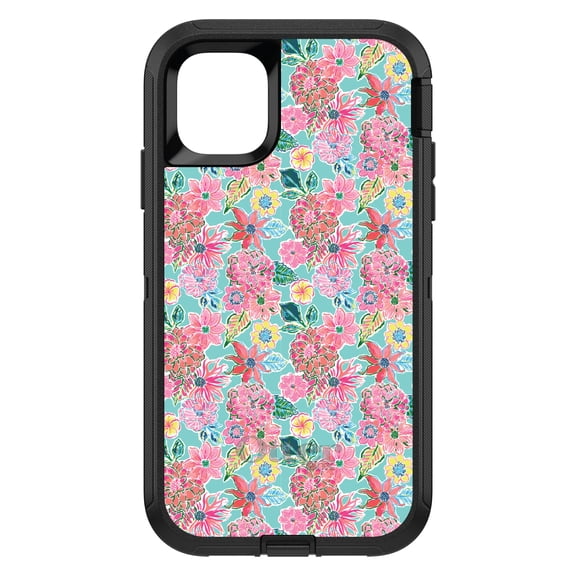 DistinctInk OtterBox Defender Custom Case for Apple iPhone 15 (6.1" Screen) - Pink Flowers on Teal Background - Slim Profile Design