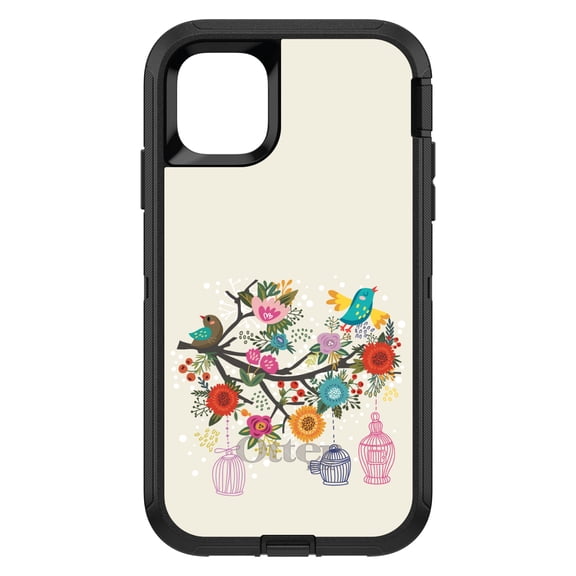 DistinctInk OtterBox Defender Custom Case for Apple iPhone 15 (6.1" Screen) - Floral Birds Teal Red - Wireless Charging Compatible