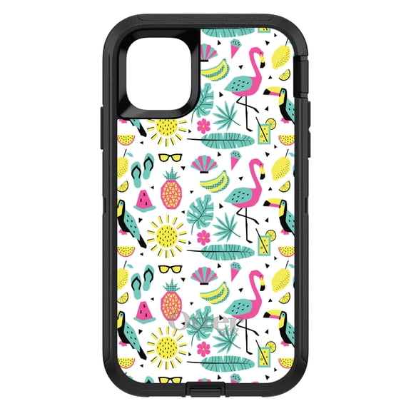 DistinctInk OtterBox Defender Custom Case for Apple iPhone 15 (6.1" Screen) - Flamingo Pineapple Sun Glasses - Raised Bezel Screen Guard