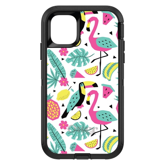 DistinctInk OtterBox Defender Custom Case for Apple iPhone 15 (6.1" Screen) - Flamingo Toucan Pineapple - Slim Profile Design