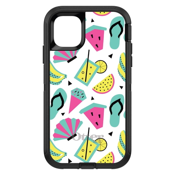 DistinctInk OtterBox Defender Custom Case for Apple iPhone 15 (6.1" Screen) - Flip Flops Watermelown Lemonade - Lightweight Grip