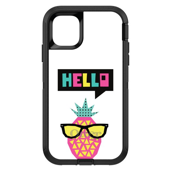DistinctInk OtterBox Defender Custom Case for Apple iPhone 15 (6.1" Screen) - Hello Cartoon Pineapple - Tempered Glass Back