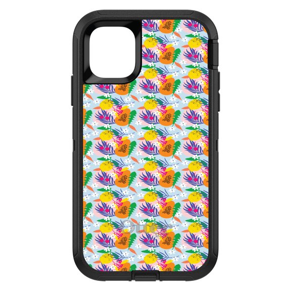 DistinctInk Case for iPhone 15 (6.1" Screen) - OtterBox Defender Custom Black Case - Summer Vibes Floral Pattern Orange Blue Green
