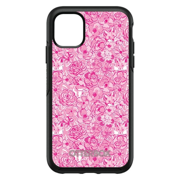 DistinctInk Case for iPhone 15 (6.1" Screen) - OtterBox Symmetry Custom Black Case - Preppy Pattern - Pink & White Flowers Floral
