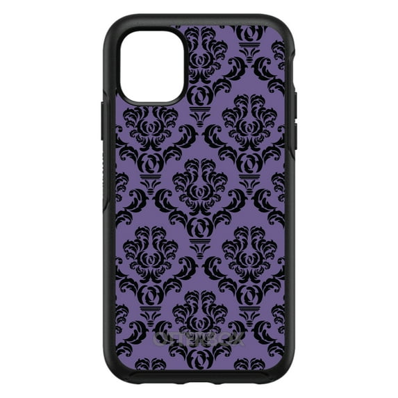 DistinctInk Case for iPhone 15 (6.1" Screen) - OtterBox Symmetry Custom Black Case - Purple Black Damask Floral - Floral Damask Pattern