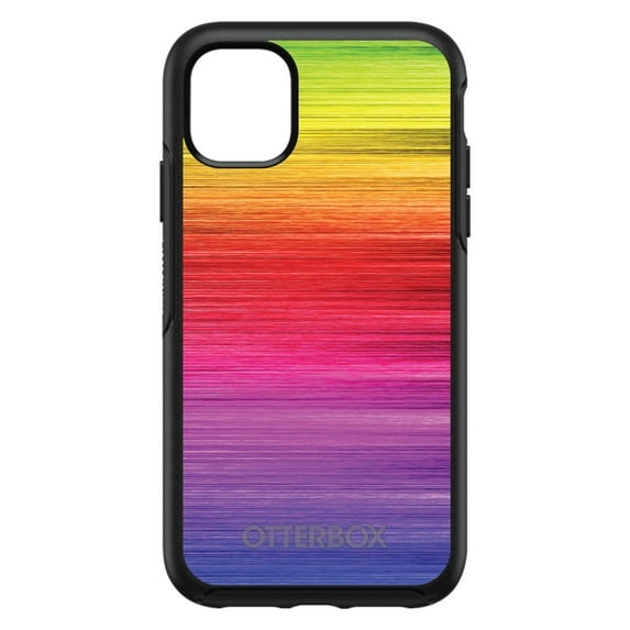 DistinctInk Case for iPhone 15 (6.1" Screen) - OtterBox Symmetry Custom Black Case - Rainbow Shimmering Lines