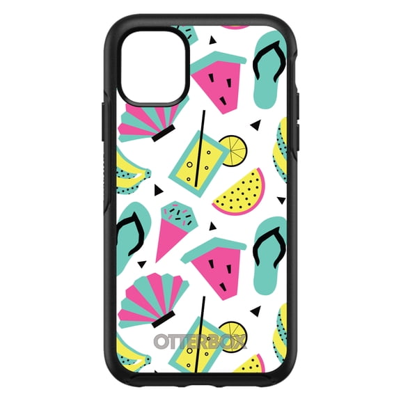 DistinctInk Case for iPhone 15 (6.1" Screen) - OtterBox Symmetry Custom Black Case - Summer Graphics - Flip Flops Watermelown Lemonade