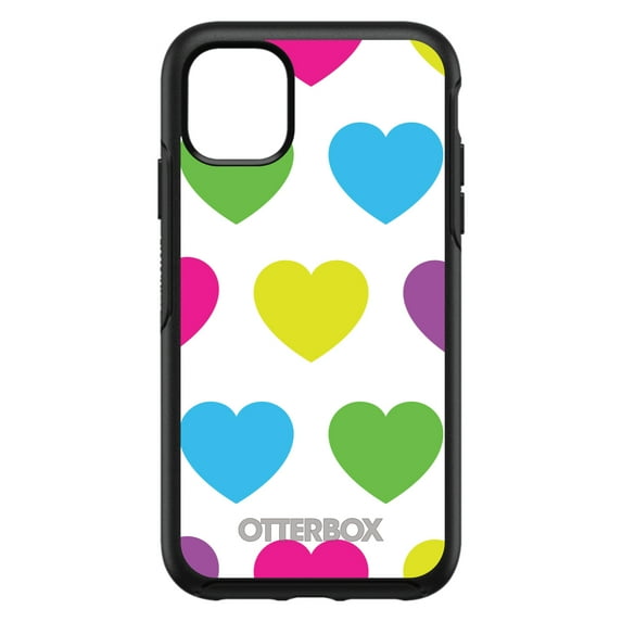 DistinctInk Case for iPhone 15 (6.1" Screen) - OtterBox Symmetry Custom Black Case - White Multi Color Hearts