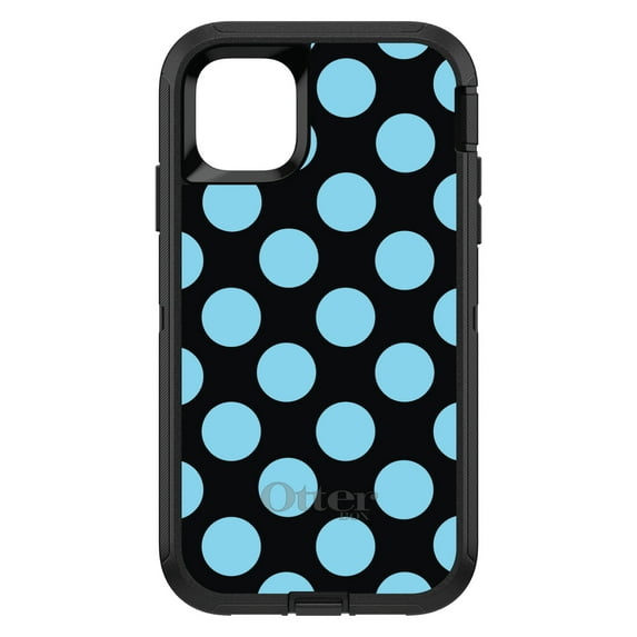 DistinctInk Case for iPhone 15 PLUS (6.7" Screen) - OtterBox Defender Custom Black Case - Black Blue Polka Dots