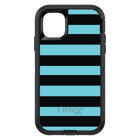 DistinctInk OtterBox Defender Custom Case for Apple iPhone 15 Plus (6.7" Screen) - Black & Cyan Bold Horizontal Stripes - Wireless Charging Compatible